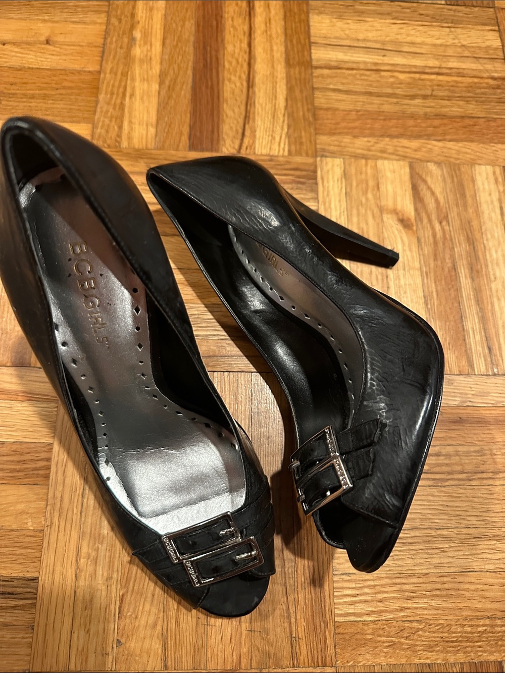 BCBG Black Leather Peep-Toe Heels with Buckle Detail